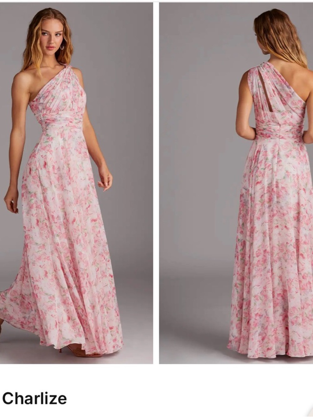 Azazie Charlize One-Shoulder Floral Dress in Pink and White